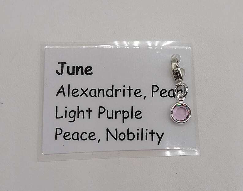 May include: June birthstone charm with a light purple Alexandrite gemstone. The charm is silver and has a text card that reads "June, Alexandrite, Pear, Light Purple, Peace, Nobility".