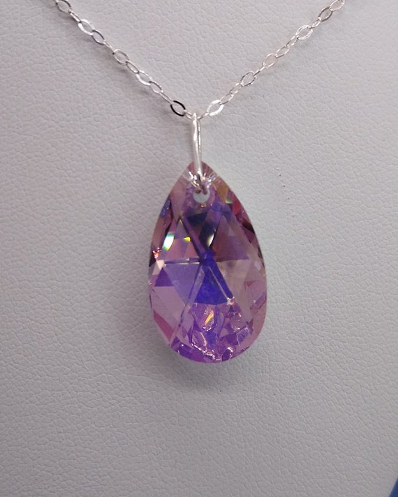 Sterling Silver Swarovski Crystal Light Amethyst AB Pear 6106 Pendant Necklace 22mm Pendant Size Cable Chain Beautiful Gift