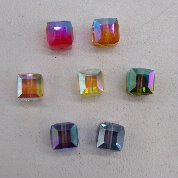 6pc Swarovski Crystal AB 6mm Faceted Cube 5601 Beads; 15 Colors: Lt Rose AB, Siam AB, Indicolite ab, Aqua ab, Olivine ab, Jonquil ab