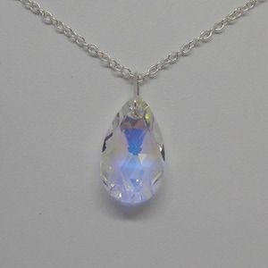 Sterling Silver Swarovski Crystal Clear Aurora Borealis AB Pear/ Teardrop Necklace; Cable Chain 16&quot;, 18&quot;, 20&quot;, 24&quot;