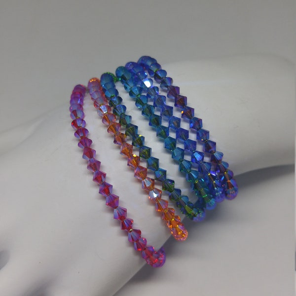 Swarovski Crystal Aurora Borealis AB2X Bicone Beaded Bracelets; Stacking/ Layers; Fuchsia, Sapphire, Emerald, Amethyst, Siam, Blue Zircon