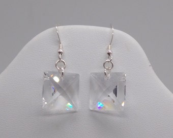 Silvertone Clear Swarovski Crystal Square Leverback Earrings main image 1