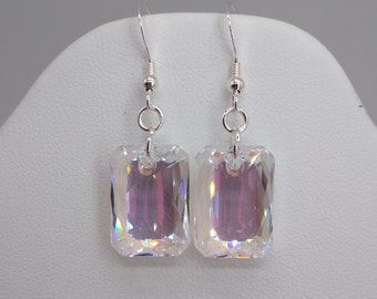 Sterling Silver Swarovski Crystal Clear Shimmer Emerald Cut Earrings; Rectangle Pendant; Beautiful Facets! Leverback Closure