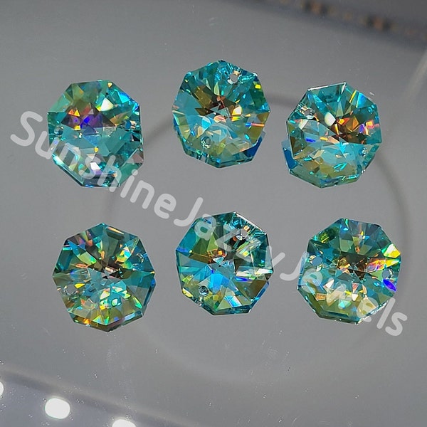 6pc Swarovski Crystal Antique Green Blue AB 14mm 2 Hole Octagon 8116 Pendants; RARE