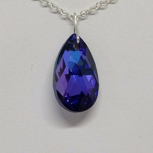 Sterling Silver Swarovski Crystal Purple Heliotrope Pear/ Teardrop Pendant Necklace; Cable Chain 16&quot;, 18&quot;, 20&quot;, 24&quot;