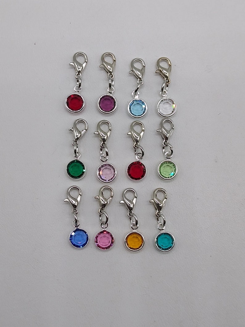 May include: Twelve silver charm clips with colorful round glass stones. The stones are red, purple, light blue, clear, green, pink, red, green, light blue, pink, orange, and teal.
