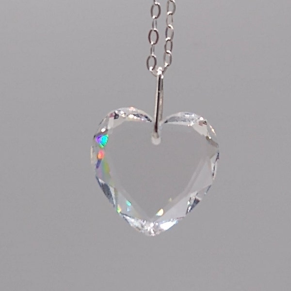 Sterling Silver Swarovski Crystal Clear 18mm Heart 6225 Pendant Chain Necklace; Beautiful Faceted Edges; Elegant