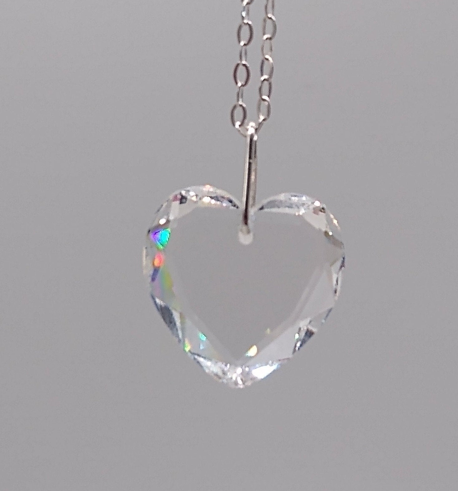 Sterling Silver Swarovski Crystal Clear 18mm Heart 6225 Pendant Chain Necklace; Beautiful Faceted Edges; Elegant