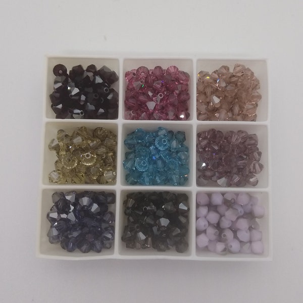 24pc Swarovski Crystal Satin 4mm Bicone Beads; 9 Colors: Rose, Aquamarine, Jonquil, Garnet, Tanzanite, Light Amethyst, Smokey Quartz