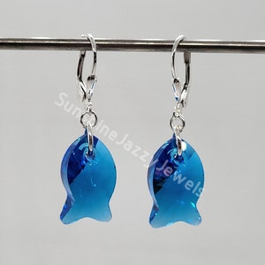 Sterling Silver Swarovski Crystal Capri Blue Fish 6727 Earrings; Choose Leverback or Earwire