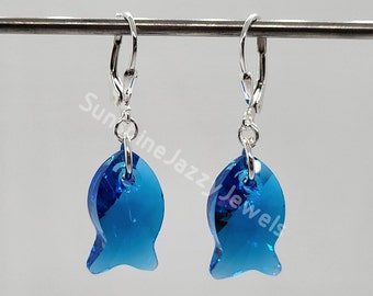 Sterling Silver Swarovski Crystal Capri Blue Fish 6727 Earrings; Choose Leverback or Earwire