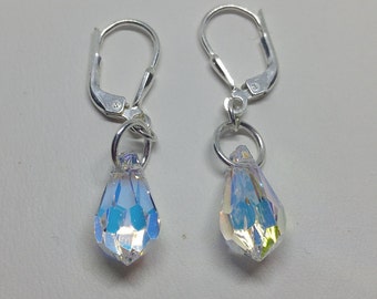 Sterling Silver Swarovski Clear Aurora Borealis AB Teardrop Earrings; Choose Earwire or Leverback Closure; Most Popular Earrings!