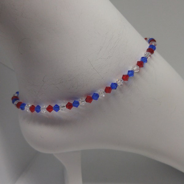 Swarovski Crystal Patriotic USA Red-White-Blue (Lt Siam, Clear, Capri Blue) Bicone Beaded Anklet on Stainless Steel Wire; America USA Flag