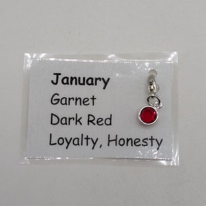 May include: A silver charm with a red garnet stone. The charm is labeled "January, Garnet, Dark Red, Loyalty, Honesty".