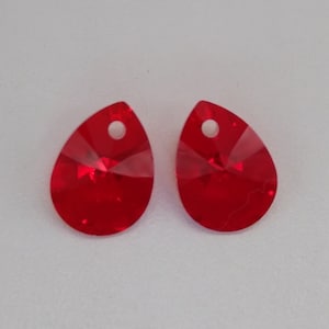2pc Swarovski Crystal Light Siam Transmission 12mm Mini Pear 6128 Pendants; RARE! Iridescent Red