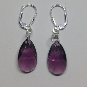 Sterling Silver Swarovski Crystal Amethyst Pear/ Teardrop Earrings; Leverback Closure; February Birthstone; Purple