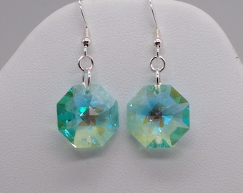 Sterling Silver Swarovski Crystal Antique Green Blue AB Octagon Pendant Earrings; Rare! Retired! Beautiful!