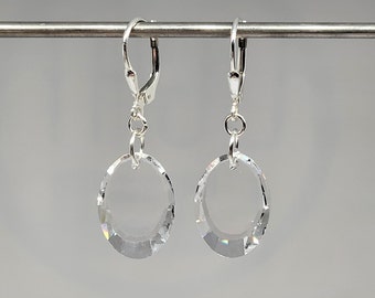Sterling Silver Swarovski Crystal Clear Oval 6120 Pendant Earrings; Choose Earwire or Leverback Closure; Elegant