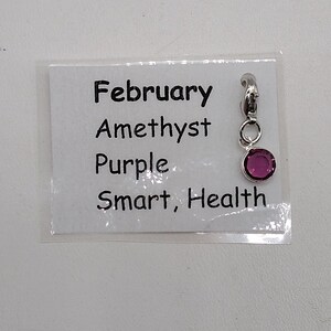 May include: A silver charm with a purple amethyst stone. The charm has a tag attached that says "February, Amethyst, Purple, Smart, Health".