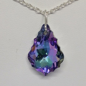 Sterling Silver Swarovski Crystal Vitrail Light Baroque 6090 Pendant Necklace; Cable Chain; 16&quot;, 18&quot;, 20&quot; or 24&quot;, Blue, Purple, Pink Mix