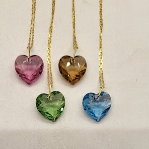 Gold Vermeil Swarovski Crystal Faceted Heart Cut Pendant Chain Necklace; 13 Colors