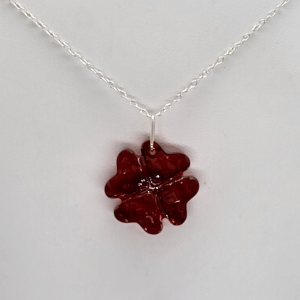 Sterling Silver Swarovski Crystal Red Magma Clover 6764 Pendant Chain Necklace; Choose Chain Length