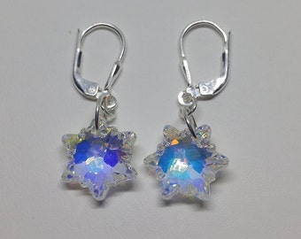 Sterling Silver Swarovski Crystal Clear AB (Aurora Borealis) Edelweiss/ Snowflake Pendant Earrings; Choose Earwire or Leverback Closure