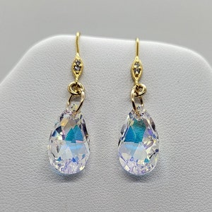 Gold Vermeil Swarovski Crystal Clear AB Pear 6106 Pendant Earrings; Leverback or Earwire; Beautiful!