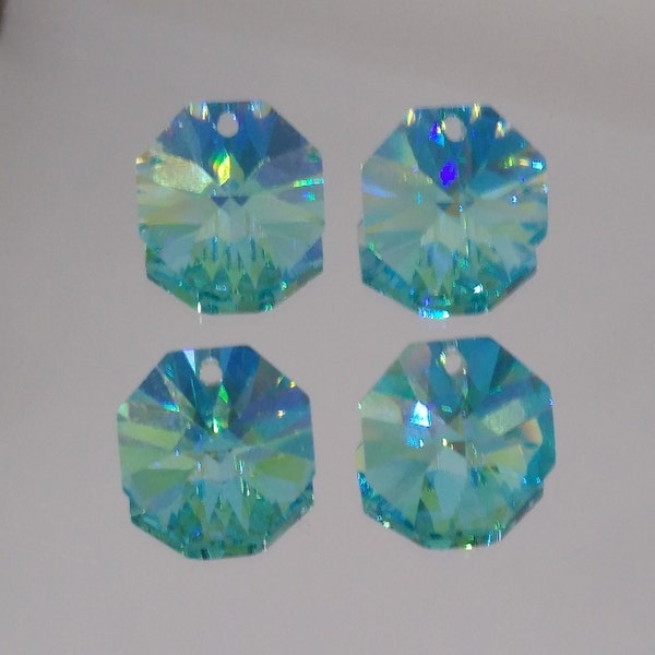 4 cristaux Swarovski bleu antique vert AB 14 mm 1 trou octogone 8115 pendentif ; Beau et rare !