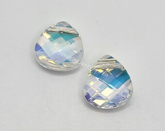 2pc Swarovski Crystal Clear AB 11x10mm Flat Briolette 6012 Pendants; Top Drilled