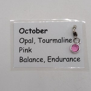 May include: October birthstone charm with a pink crystal, representing opal and tourmaline. The charm also features the words "Balance, Endurance" and "Pink".