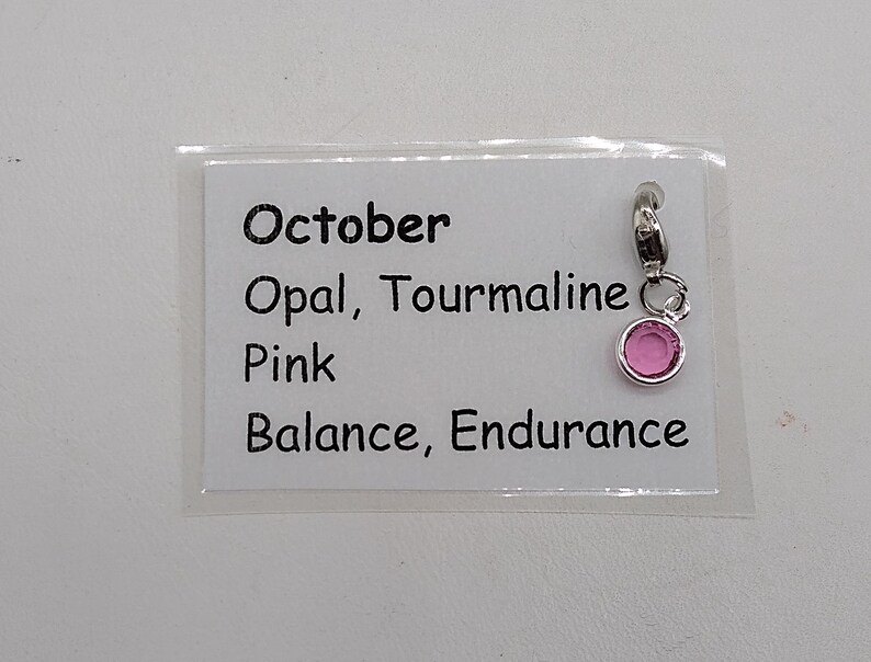 May include: October birthstone charm with a pink crystal, representing opal and tourmaline. The charm also features the words "Balance, Endurance" and "Pink".