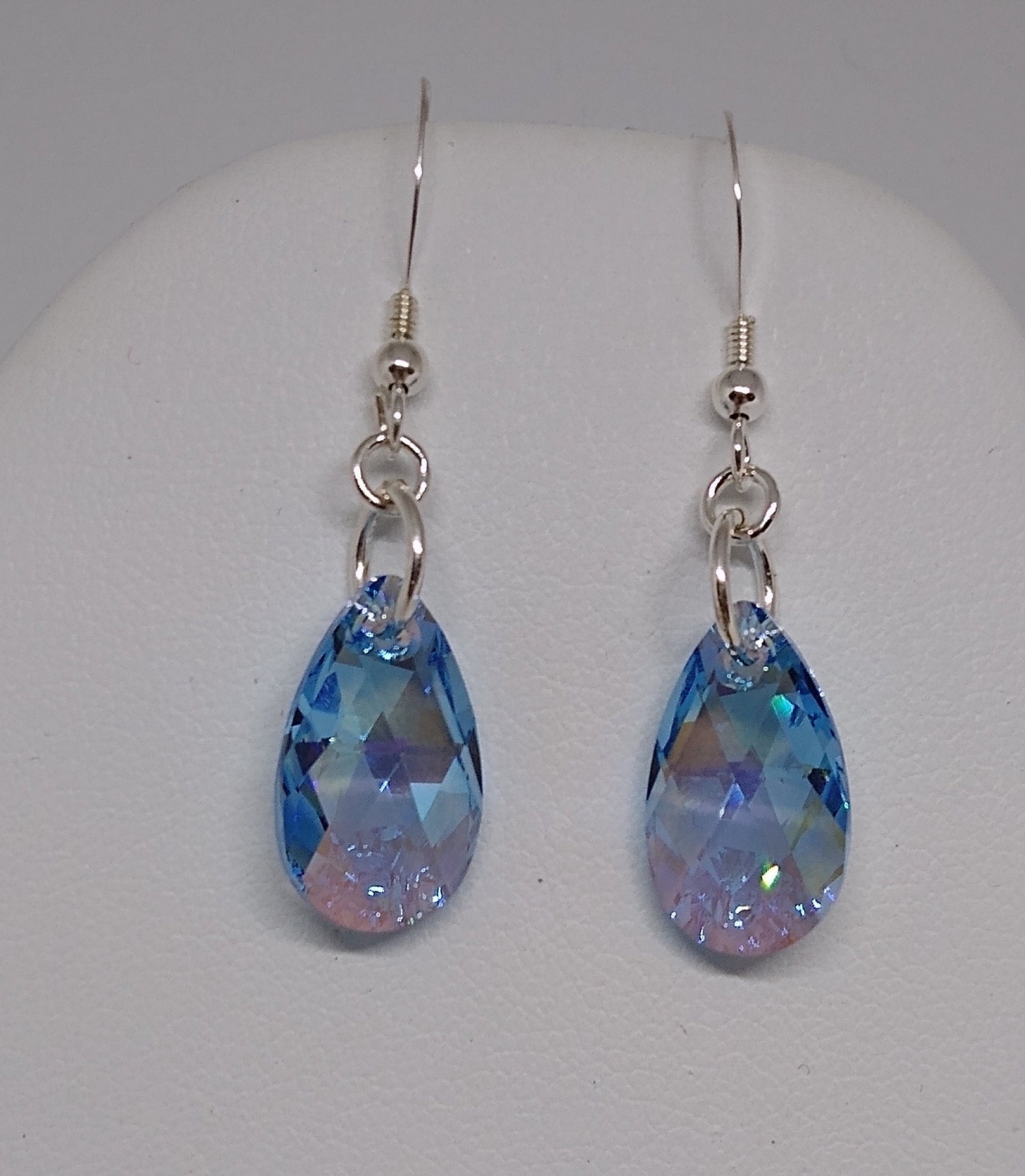 Sterling Silver Swarovski Crystal Aquamarine Shimmer Pear/ Teardrop Pendant Earrings; Limited Edition; Choose Earwires or Leverback Closure