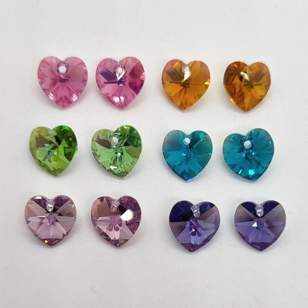 2pc Swarovski Crystal AB 10mm Heart 6228 Pendants; 6 Colors:  Rose ab, Topaz ab, Tanzanite ab, blue zircon ab, Peridot AB, Lt Amethyst ab