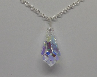 Sterling Silver Swarovski Crystal Clear Aurora Borealis AB Teardrop Necklace; Cable or Snake Chain; 16&quot;, 18&quot;, 20&quot;; Bridal/Wedding Party Gift