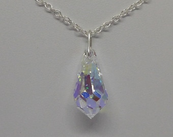 Sterling Silver Swarovski Crystal Clear Aurora Borealis AB Teardrop Necklace; Cable or Snake Chain; 16", 18", 20"; Bridal/Wedding Party Gift