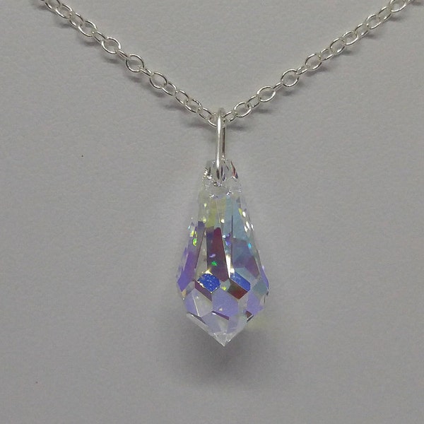 Sterling Silver Swarovski Crystal Clear Aurora Borealis AB Teardrop Necklace; Cable or Snake Chain; 16", 18", 20"; Bridal/Wedding Party Gift