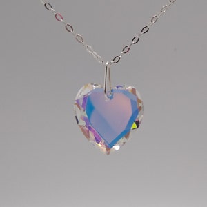 Sterling Silver Swarovski Crystal Clear AB 18mm Heart 6225 Pendant Chain Necklace; Beautiful Faceted Edges; Elegant