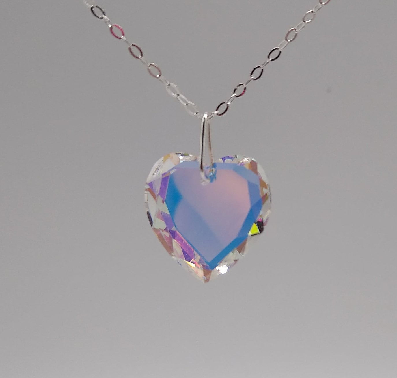 Sterling Silver Swarovski Crystal Clear AB 18mm Heart 6225 Pendant Chain Necklace Beautiful Faceted Edges Elegant