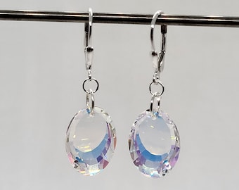 Sterling Silver Swarovski Crystal Clear AB Oval 6120 Pendant Earrings; Choose Earwire or Leverback Closure; Elegant