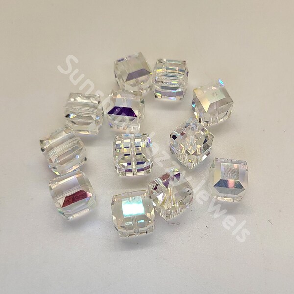 6 pièces cube facetté Swarovski Crystal Clear AB 5601 perles ; 3 tailles : 6 mm, 8 mm, 10 mm ; Carré ; Irisé ; Éclat