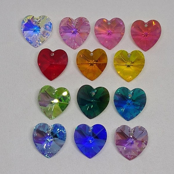 Swarovski Crystal AB 14mm AB Heart 6228 Pendant; Rose, Peridot, Light Siam, Aquamarine, Sapphire, Siam, Blue Zircon, Light Amethyst