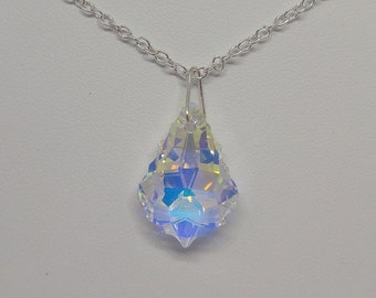 Sterling Silver Swarovski Crystal Clear Aurora Borealis AB Baroque Pendant Necklace; Cable Chain 16", 18", 20" 24"