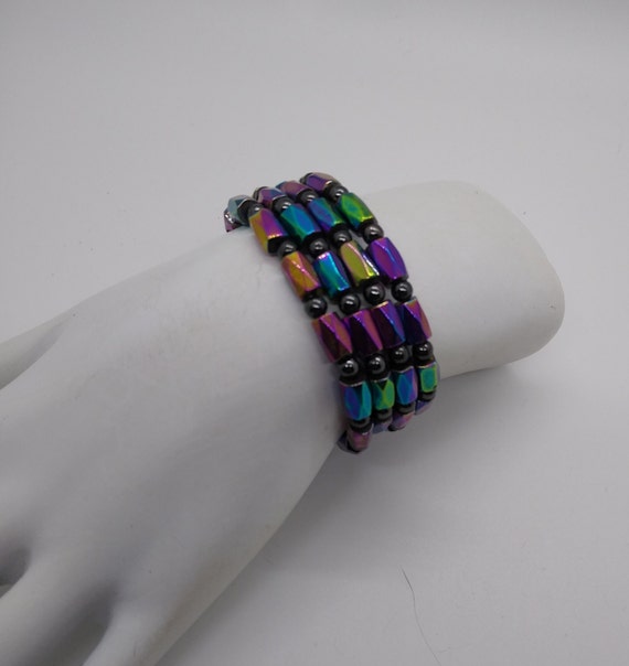 Magnetc Hematte Beads Wrap Around Bracelet or Necklace Blue Crystal
