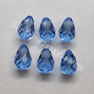 6pc Swarovski Crystal Light Sapphire Faceted Teardrop 5500 Beads; 2 Sizes: 13mm and 16mm; Center Drilled