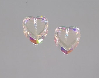 2pc Swarovski Crystal Clear AB 10mm Flat Heart 6225 Pendant; Beautiful Faceted Edges; Very Elegant; Reflects Rainbows