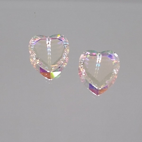 2pc Swarovski Crystal Clear AB 10mm Flat Heart 6225 Pendant; Beautiful Faceted Edges; Very Elegant; Reflects Rainbows