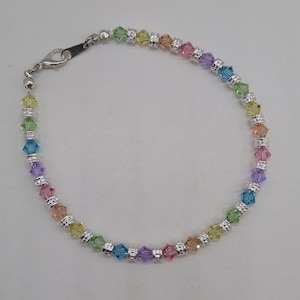 Swarovski Crystal Pastel Rainbow Bicone and Silver Pewter Rondelle Beaded Anklet or Bracelet on Stainless Steel Wire; Durable; Custom Sizing