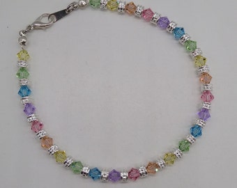 Swarovski Crystal Pastel Rainbow Bicone and Silver Pewter Rondelle Beaded Anklet or Bracelet on Stainless Steel Wire; Durable; Custom Sizing