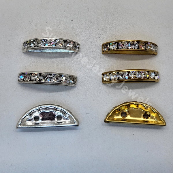 6pc Swarovski Crystal Rhinestone 2 Hole Bridge Bead; 2 Sizes: 13mm or 19mm; Silver Plated or Gold Plated